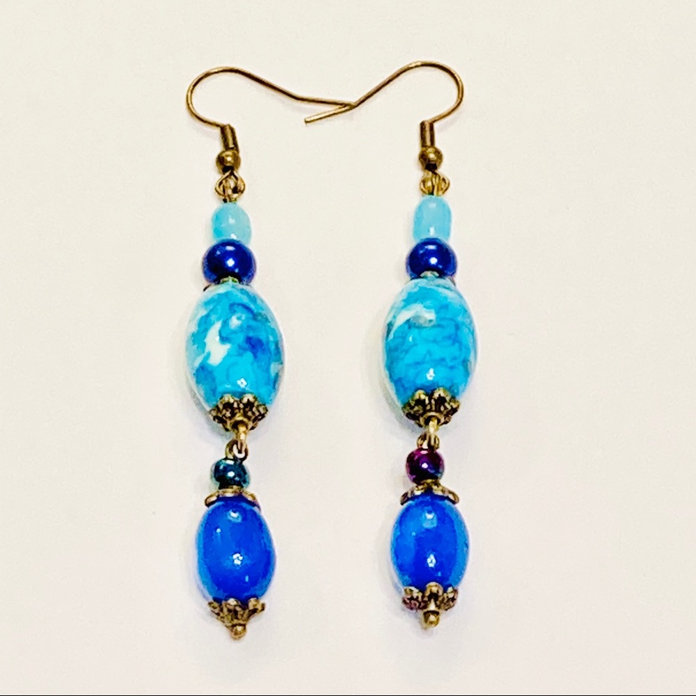 Vivid Blue & Turquoise Hand-crafted Porcelain Royal Pearl & Stone Boho Earrings
